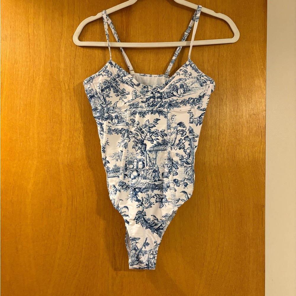 Blue and White Toile Print Swimsuit